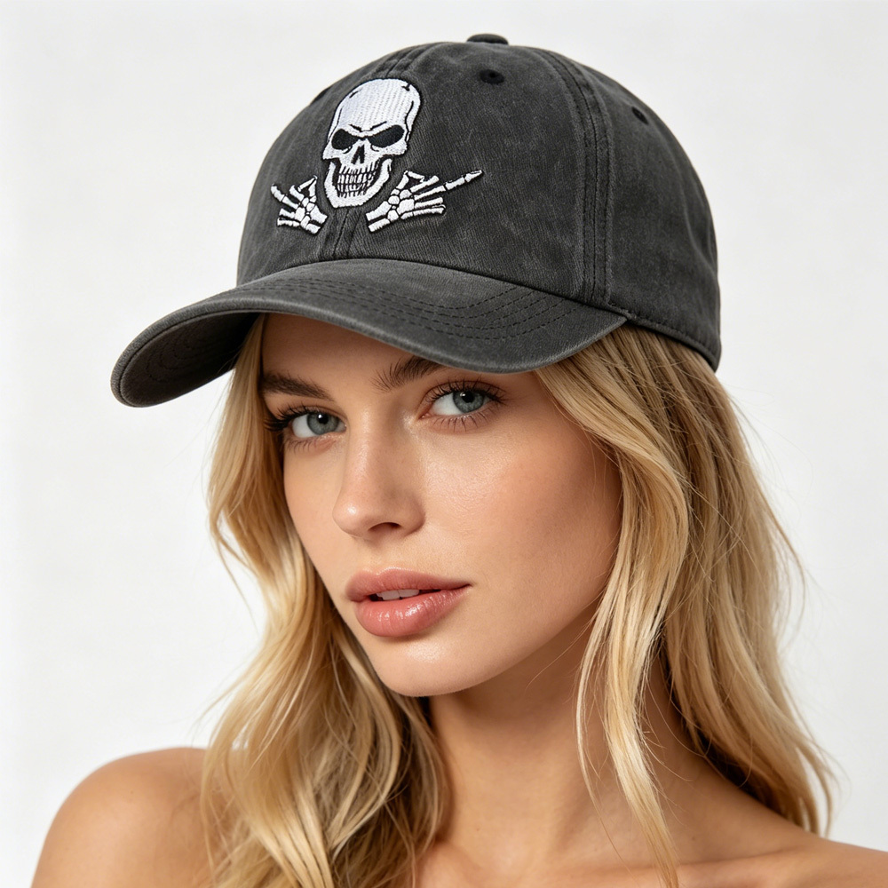 2pcs Washed Black Skull Baseball Cap, Skeleton Rock Hand Embroidered Hat, Adjustable Vintage Distressed Cotton Trucker Cap For Men Women