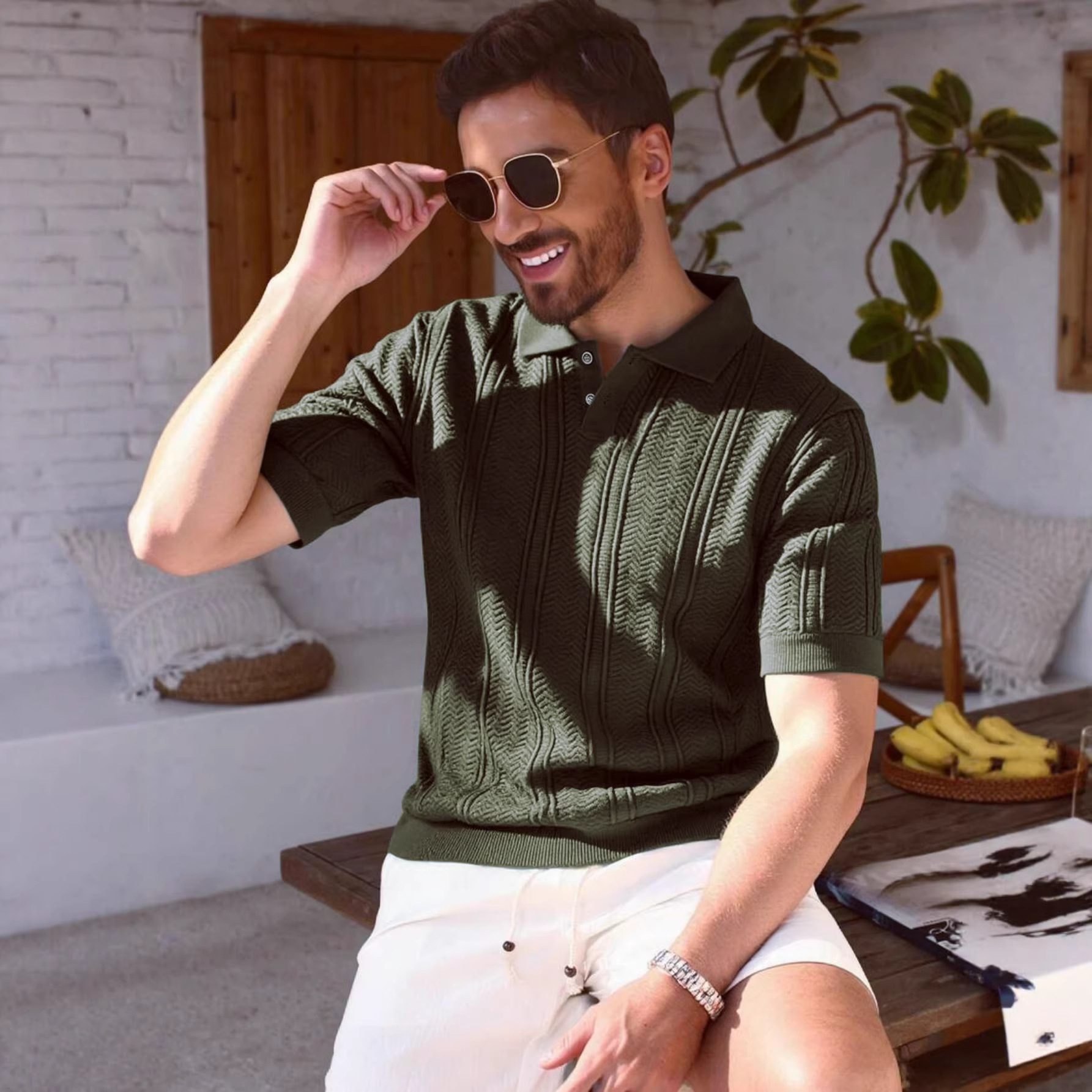 Textured Mens Dark Green Knitted Polo Shirt With A Premium Feel
