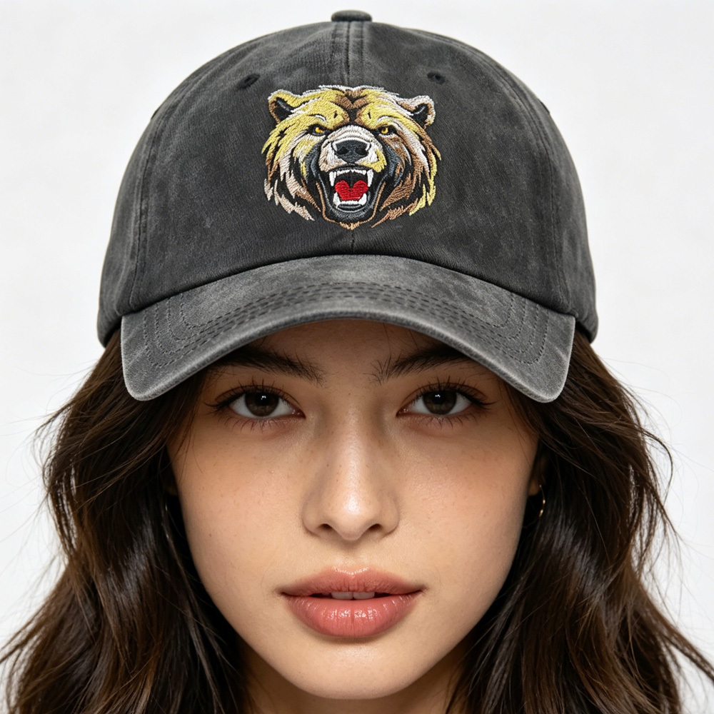 2pcs Roaring Grizzly Bear Embroidered Hat - Vintage Washed Cotton Baseball Cap For Men Women, Adjustable Unstructured Low Profile