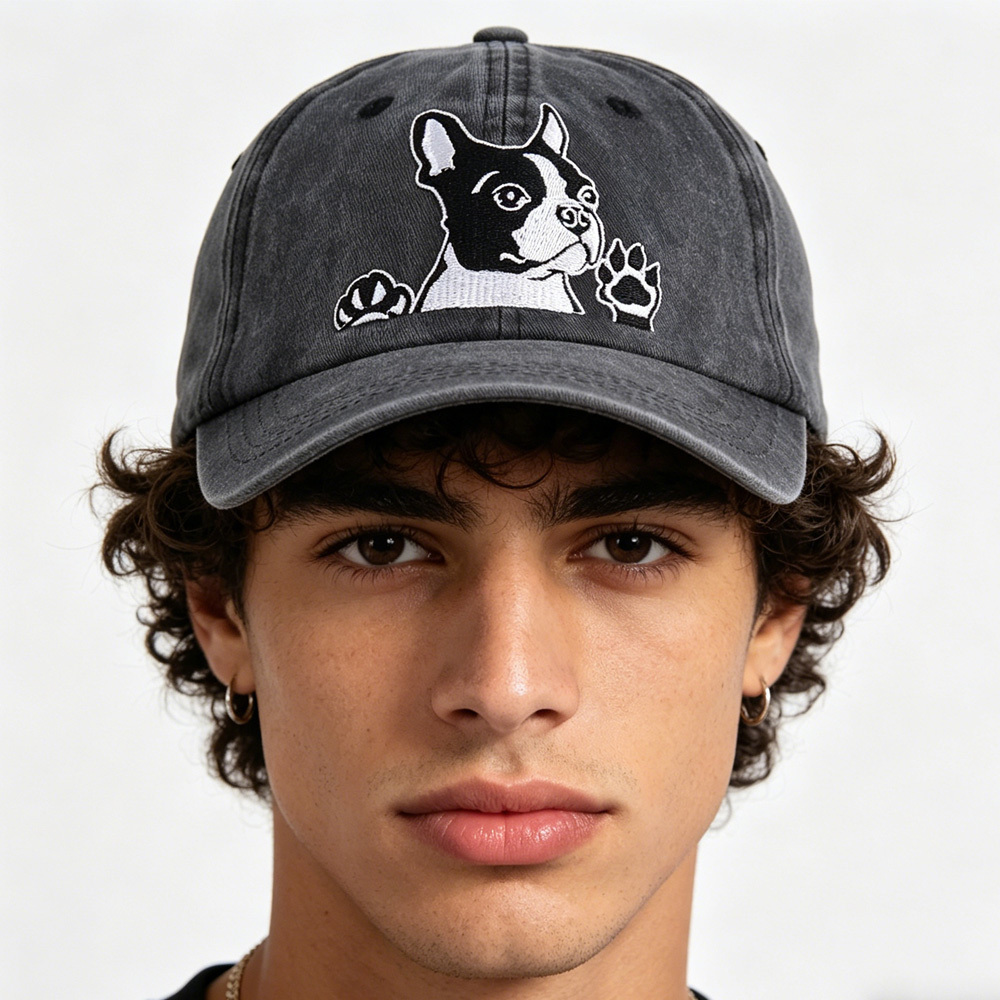 2pcs Boston Terrier Dog Embroidered Baseball Cap - Vintage Washed Cotton Hat, Adjustable Unstructured Low Profile, Cute Pet Cap For Men Women