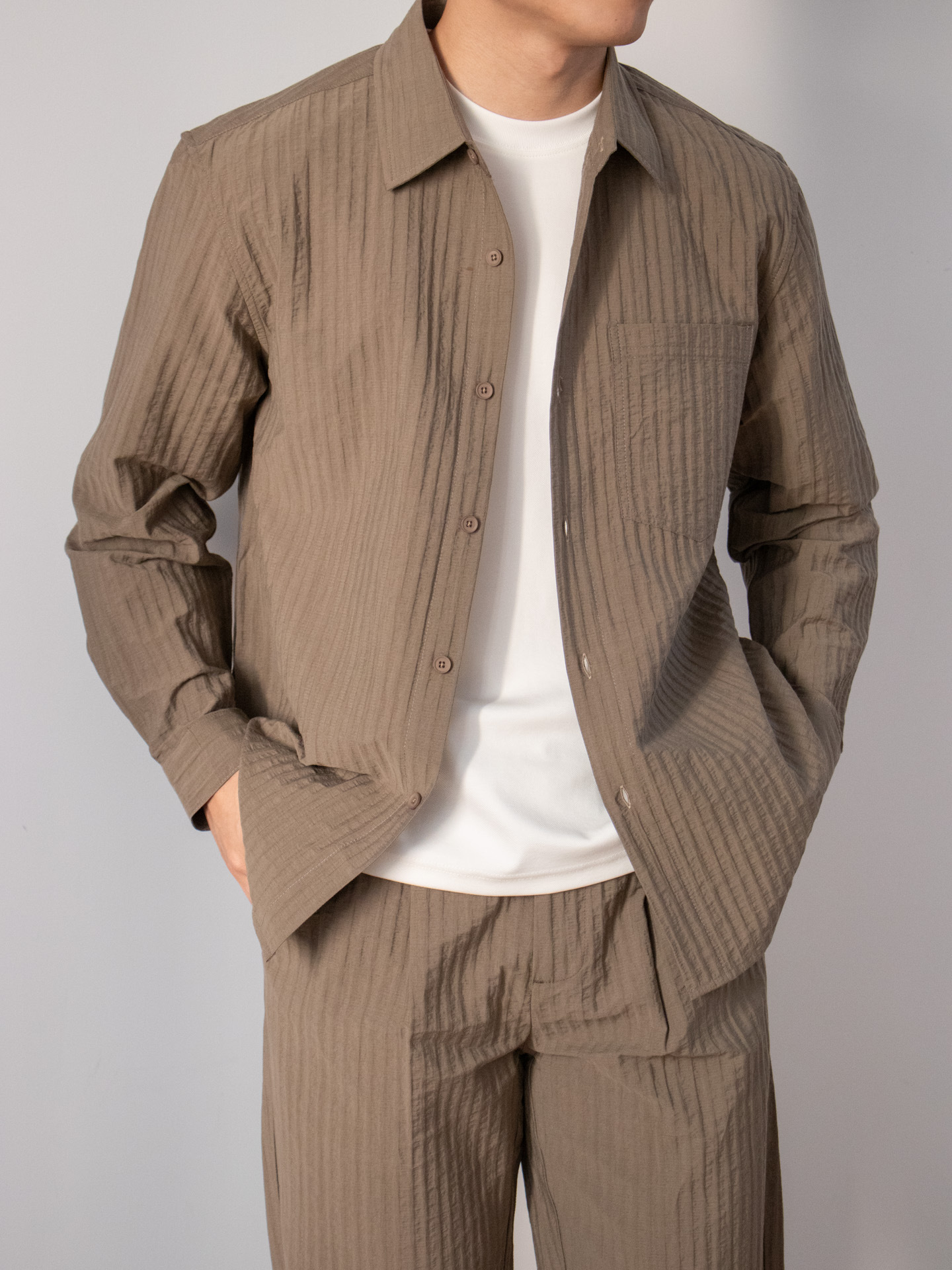 Japanese-style Wood-grain Textured Shirt Set