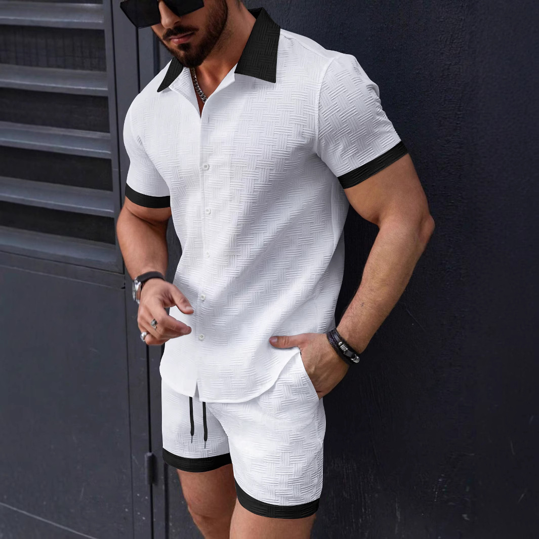 Mens Casual Color-Block Short-Sleeve Shirt And Shorts Beach Set