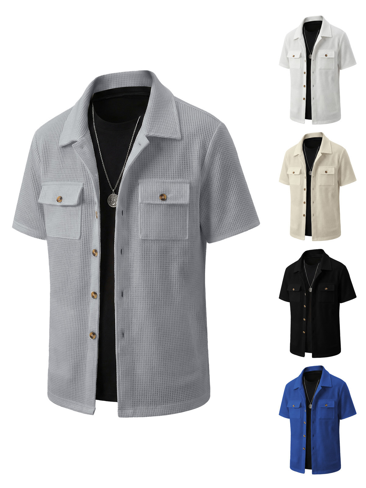 Waffle-Weave Mens Casual Short-Sleeve T-Shirt Jacket