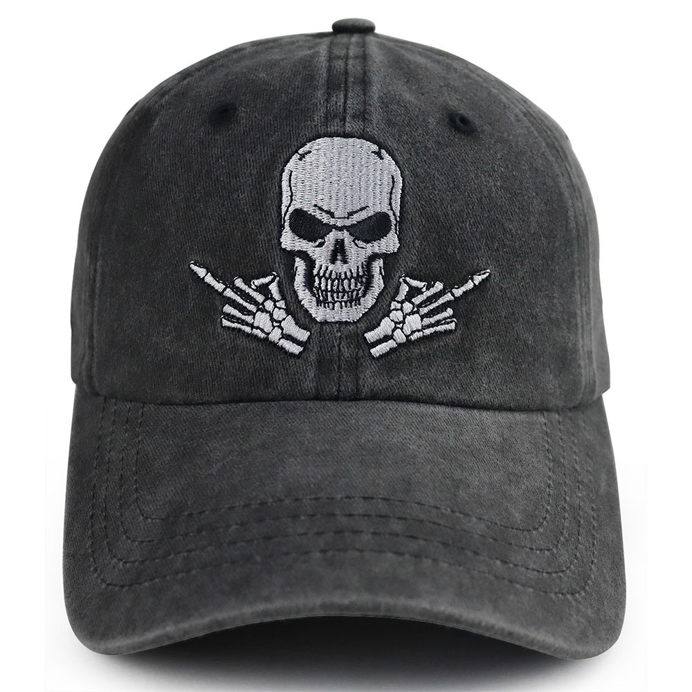 2pcs Washed Black Skull Baseball Cap, Skeleton Rock Hand Embroidered Hat, Adjustable Vintage Distressed Cotton Trucker Cap For Men Women