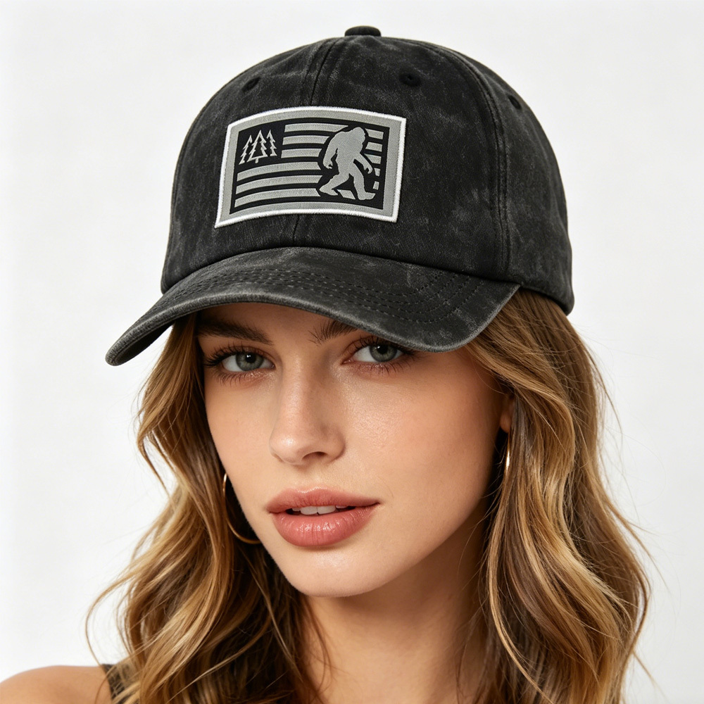 2pcs Bigfoot Sasquatch American Flag Baseball Cap - Vintage Washed Cotton Hat For Men & Women, Adjustable Low Profile Outdoor Trucker Hat