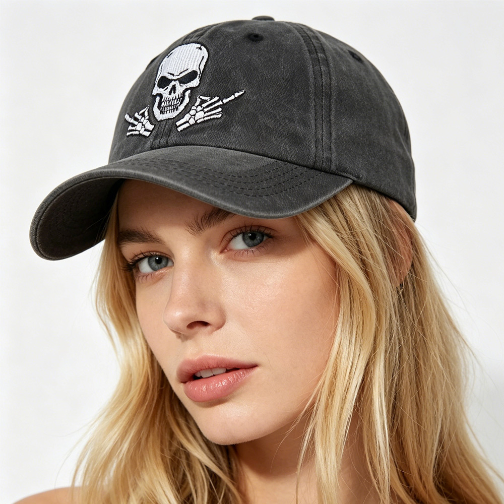 2pcs Washed Black Skull Baseball Cap, Skeleton Rock Hand Embroidered Hat, Adjustable Vintage Distressed Cotton Trucker Cap For Men Women