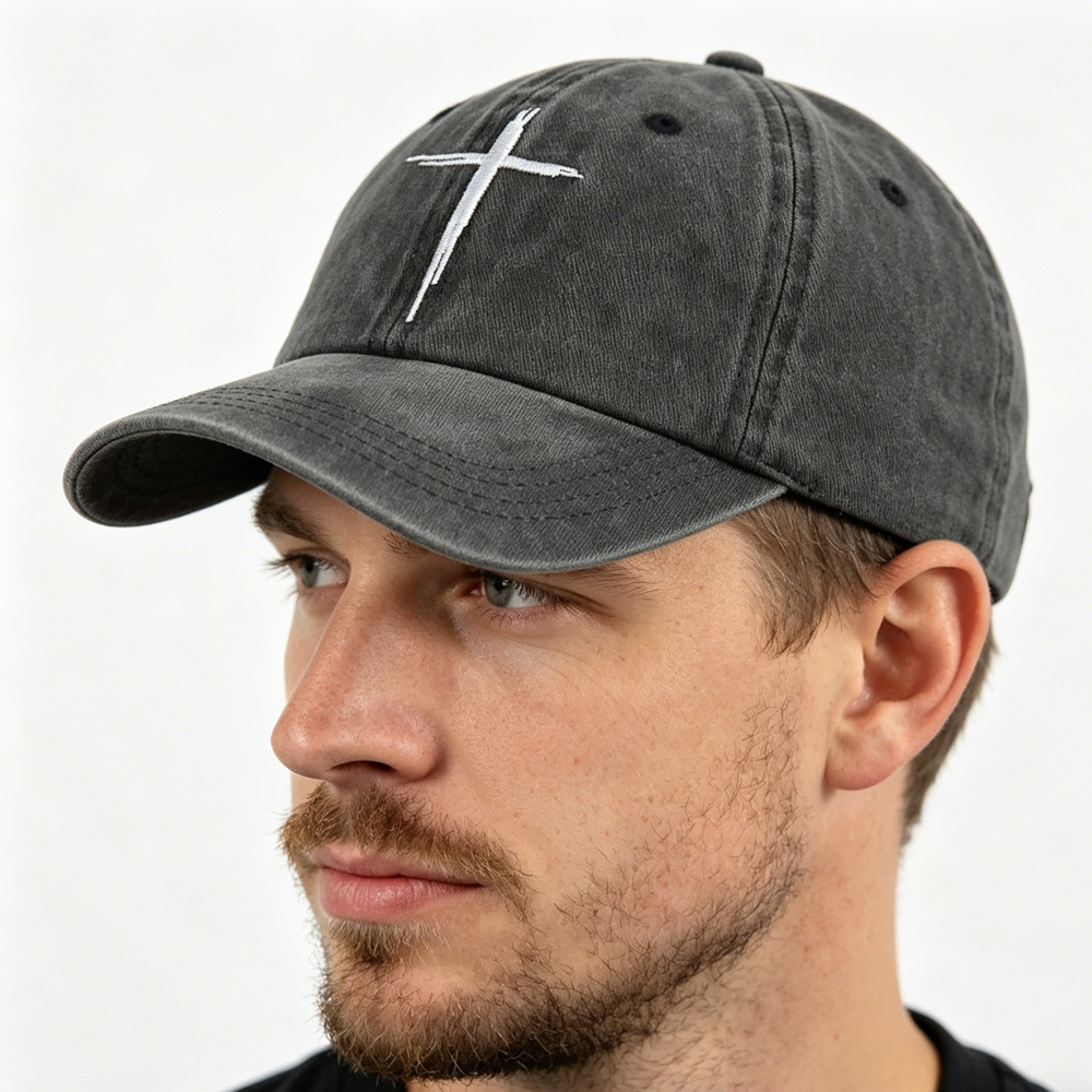 2pcs Minimal Cross Washed Black Cross Embroidered Baseball Cap,Vintage Distressed Cotton Hat, Unstructured Adjustable Streetwear Hat For Men Women
