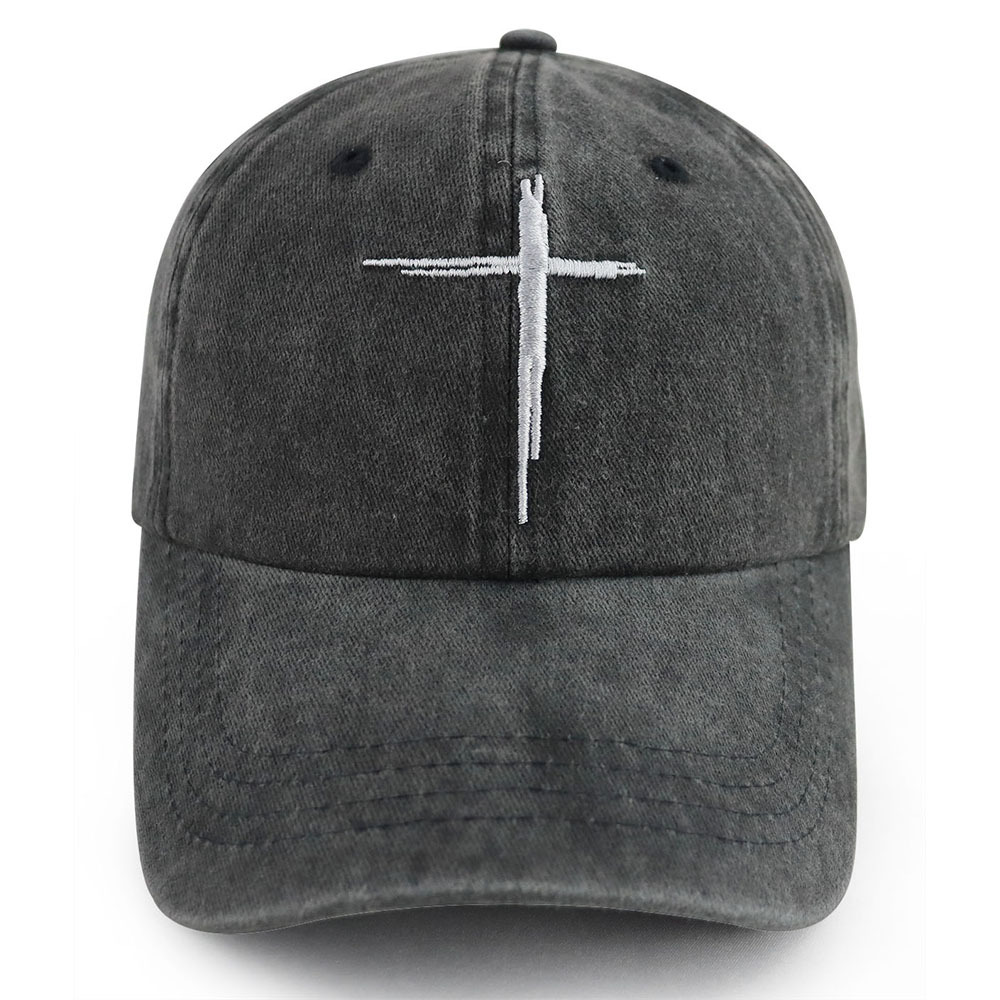 2pcs Minimal Cross Washed Black Cross Embroidered Baseball Cap,Vintage Distressed Cotton Hat, Unstructured Adjustable Streetwear Hat For Men Women