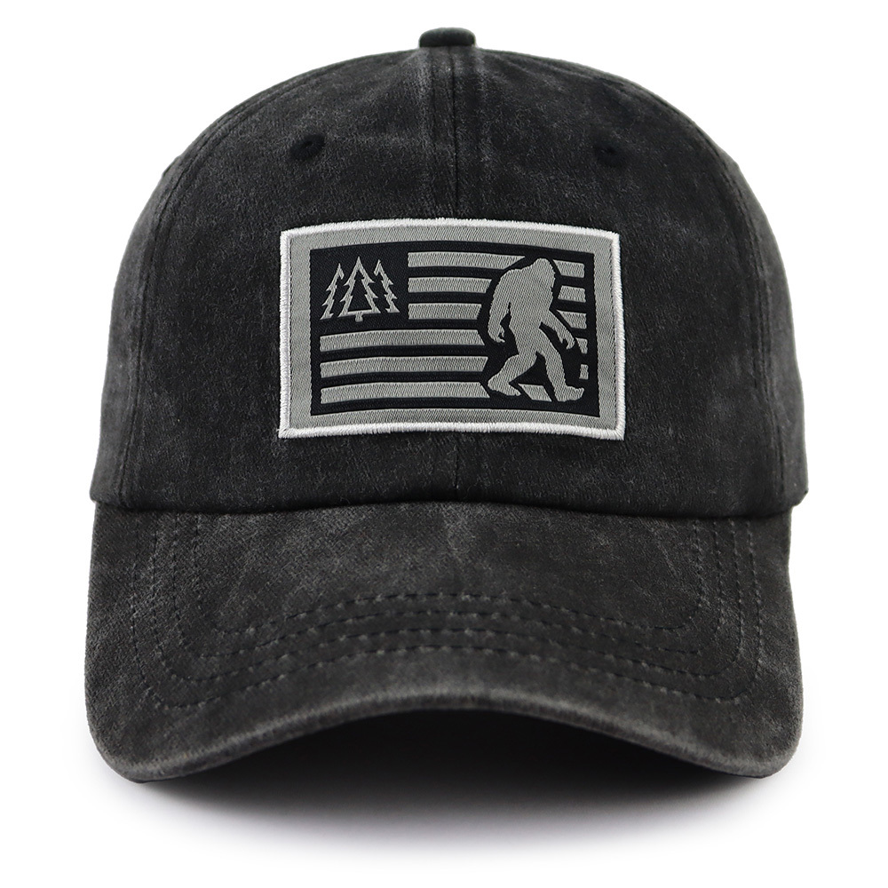 2pcs Bigfoot Sasquatch American Flag Baseball Cap - Vintage Washed Cotton Hat For Men & Women, Adjustable Low Profile Outdoor Trucker Hat