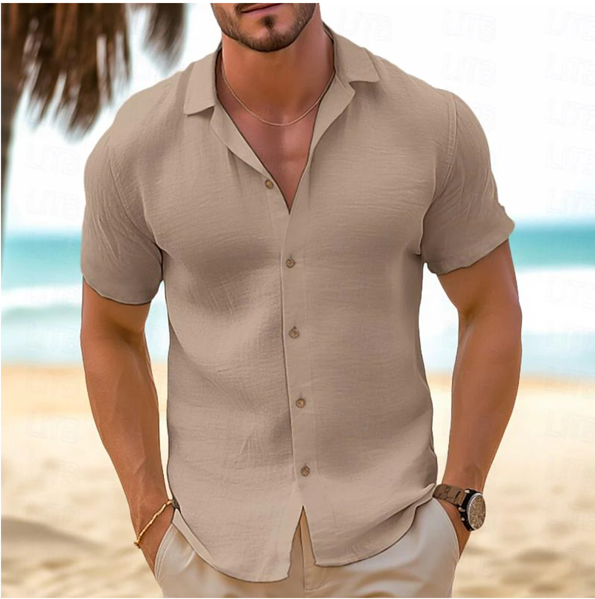 Men's Short-Sleeved Button-Down Shirt Summer Slim-Fit Lapel Shirts Casual Beachwear Clothing