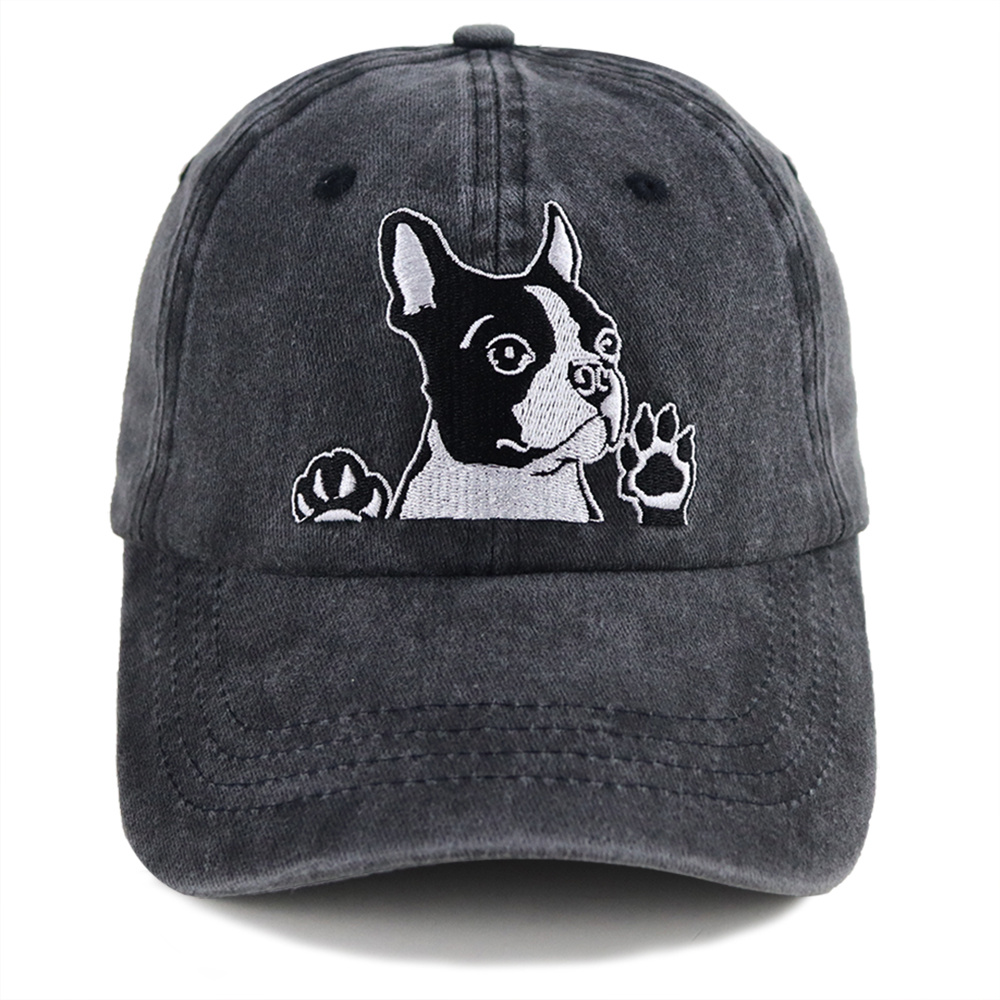 2pcs Boston Terrier Dog Embroidered Baseball Cap - Vintage Washed Cotton Hat, Adjustable Unstructured Low Profile, Cute Pet Cap For Men Women
