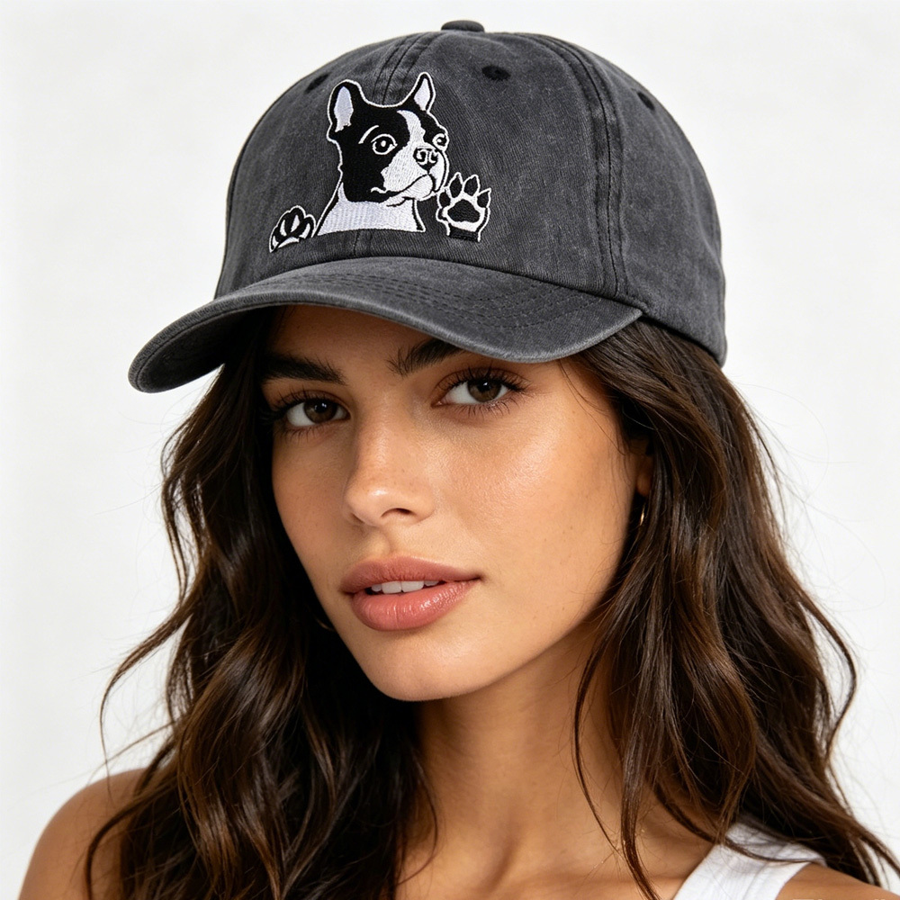 2pcs Boston Terrier Dog Embroidered Baseball Cap - Vintage Washed Cotton Hat, Adjustable Unstructured Low Profile, Cute Pet Cap For Men Women