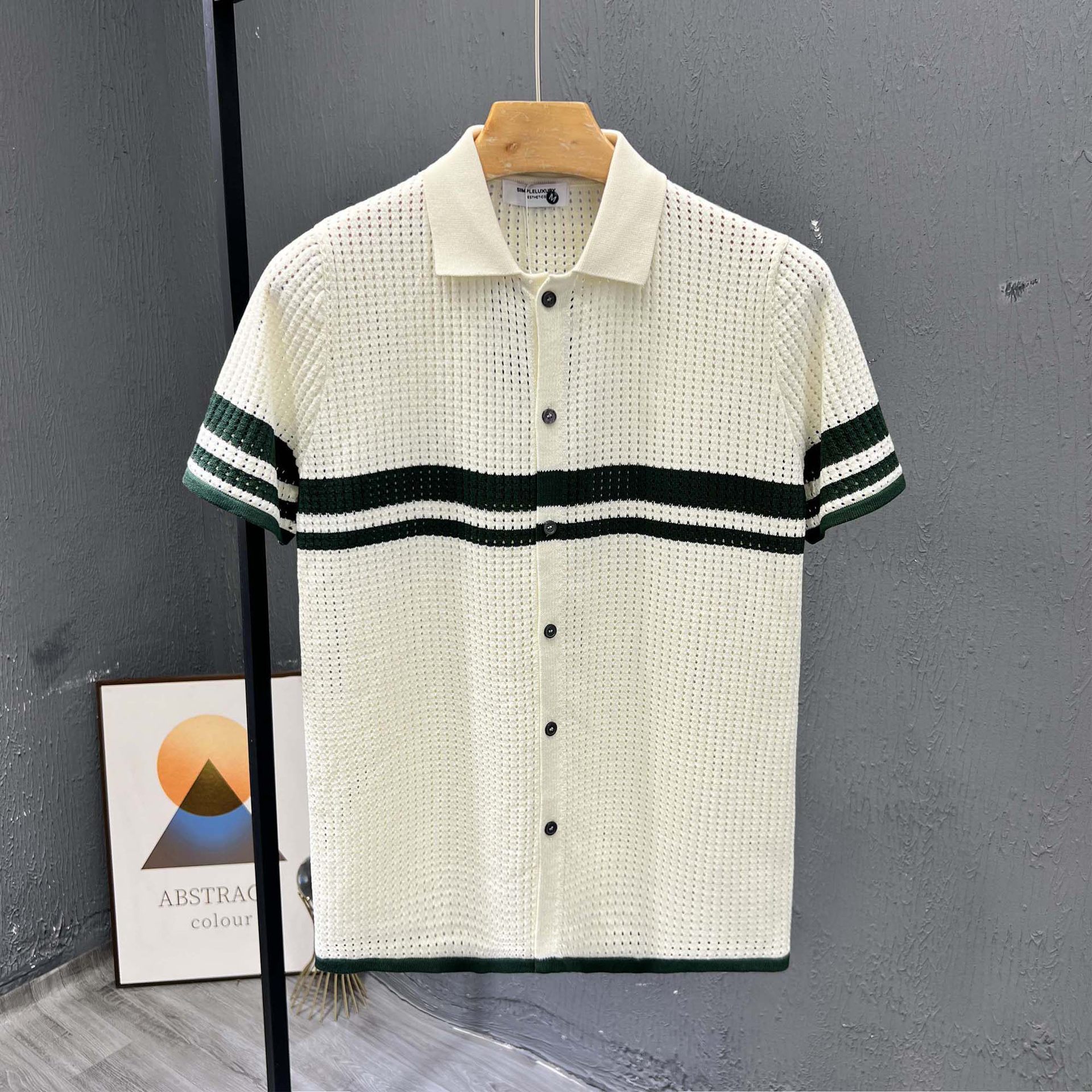 Light-luxury Striped Hollow-out Knit Cardigan With Short Sleeves