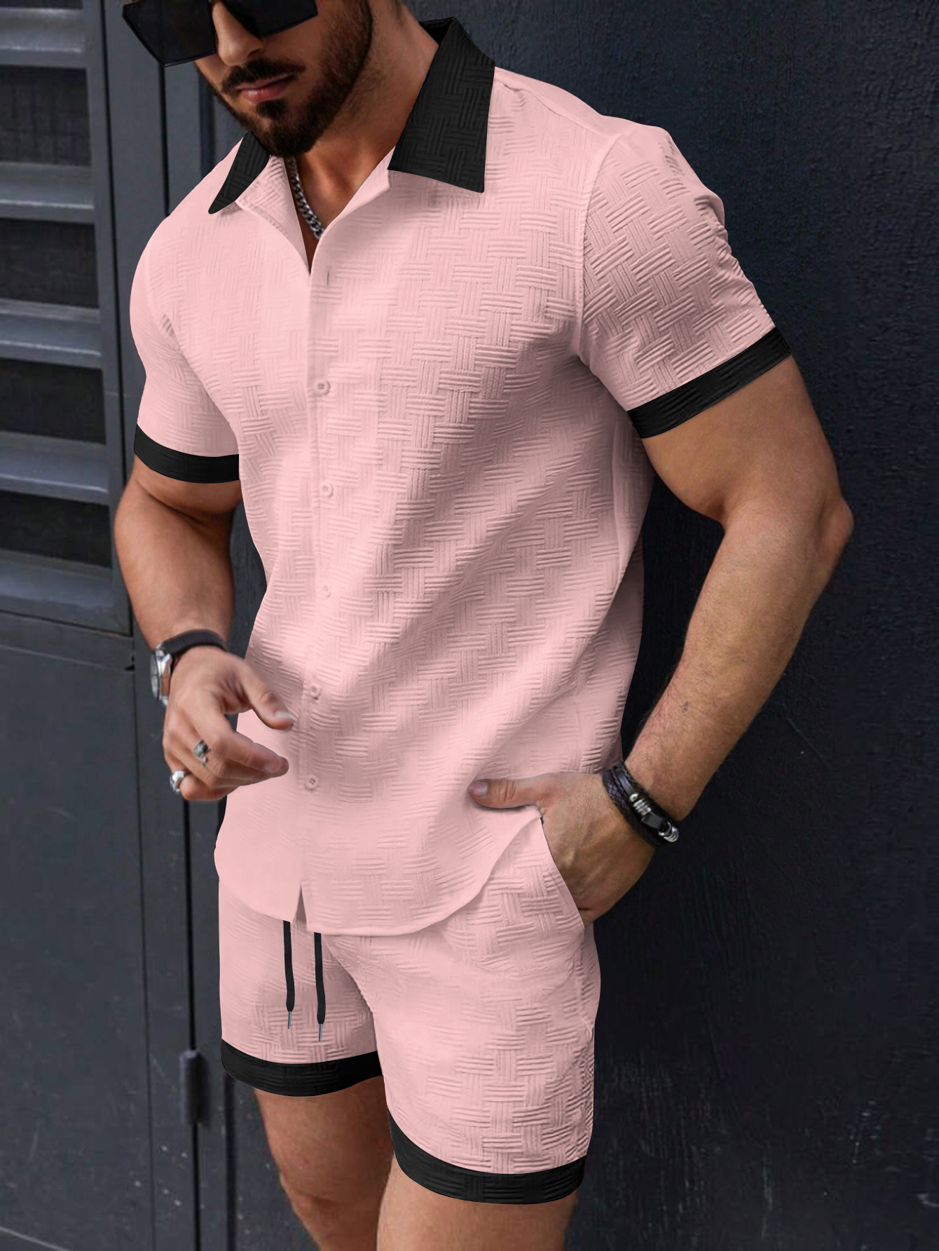 Mens Casual Color-Block Short-Sleeve Shirt And Shorts Beach Set