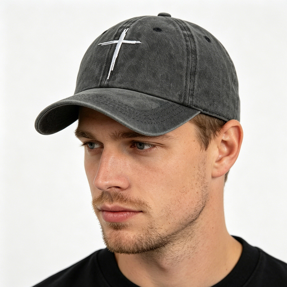 2pcs Minimal Cross Washed Black Cross Embroidered Baseball Cap,Vintage Distressed Cotton Hat, Unstructured Adjustable Streetwear Hat For Men Women