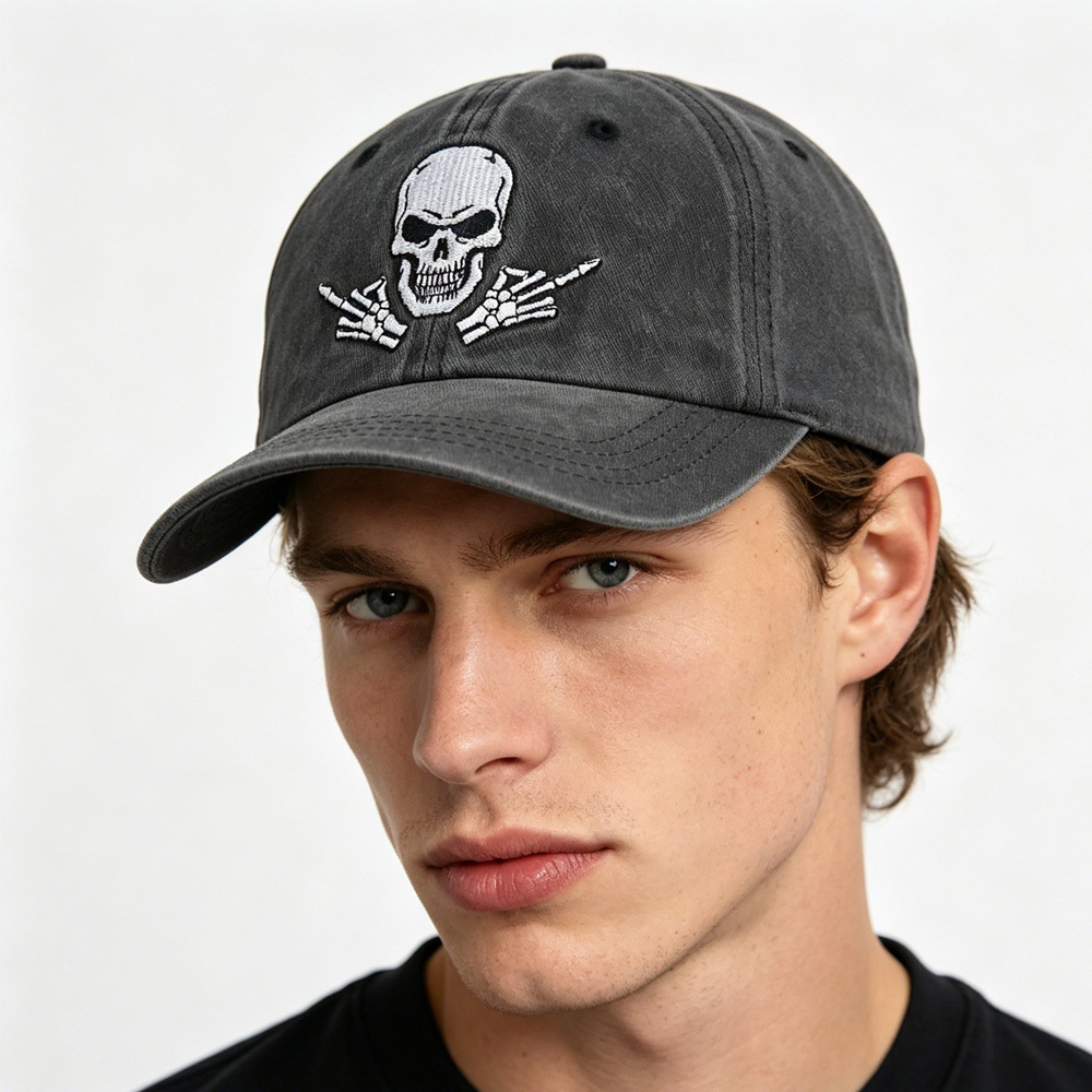 2pcs Washed Black Skull Baseball Cap, Skeleton Rock Hand Embroidered Hat, Adjustable Vintage Distressed Cotton Trucker Cap For Men Women