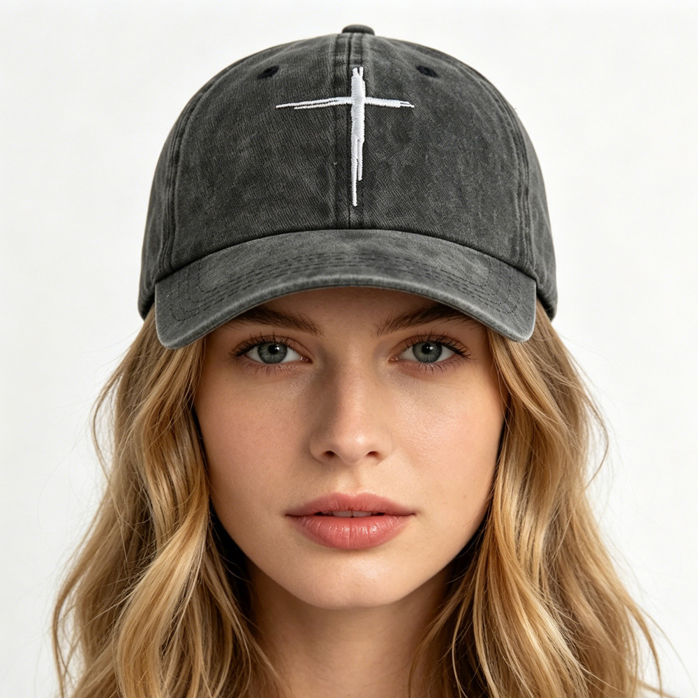 2pcs Minimal Cross Washed Black Cross Embroidered Baseball Cap,Vintage Distressed Cotton Hat, Unstructured Adjustable Streetwear Hat For Men Women