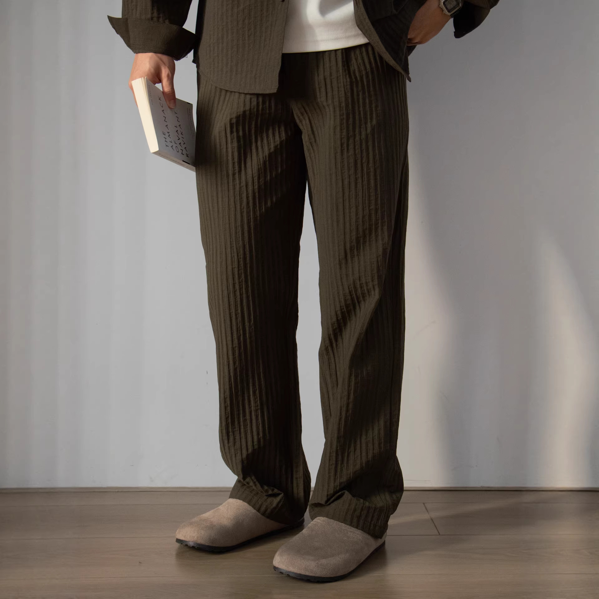 Japanese-style Wood-grain Textured Shirt Set