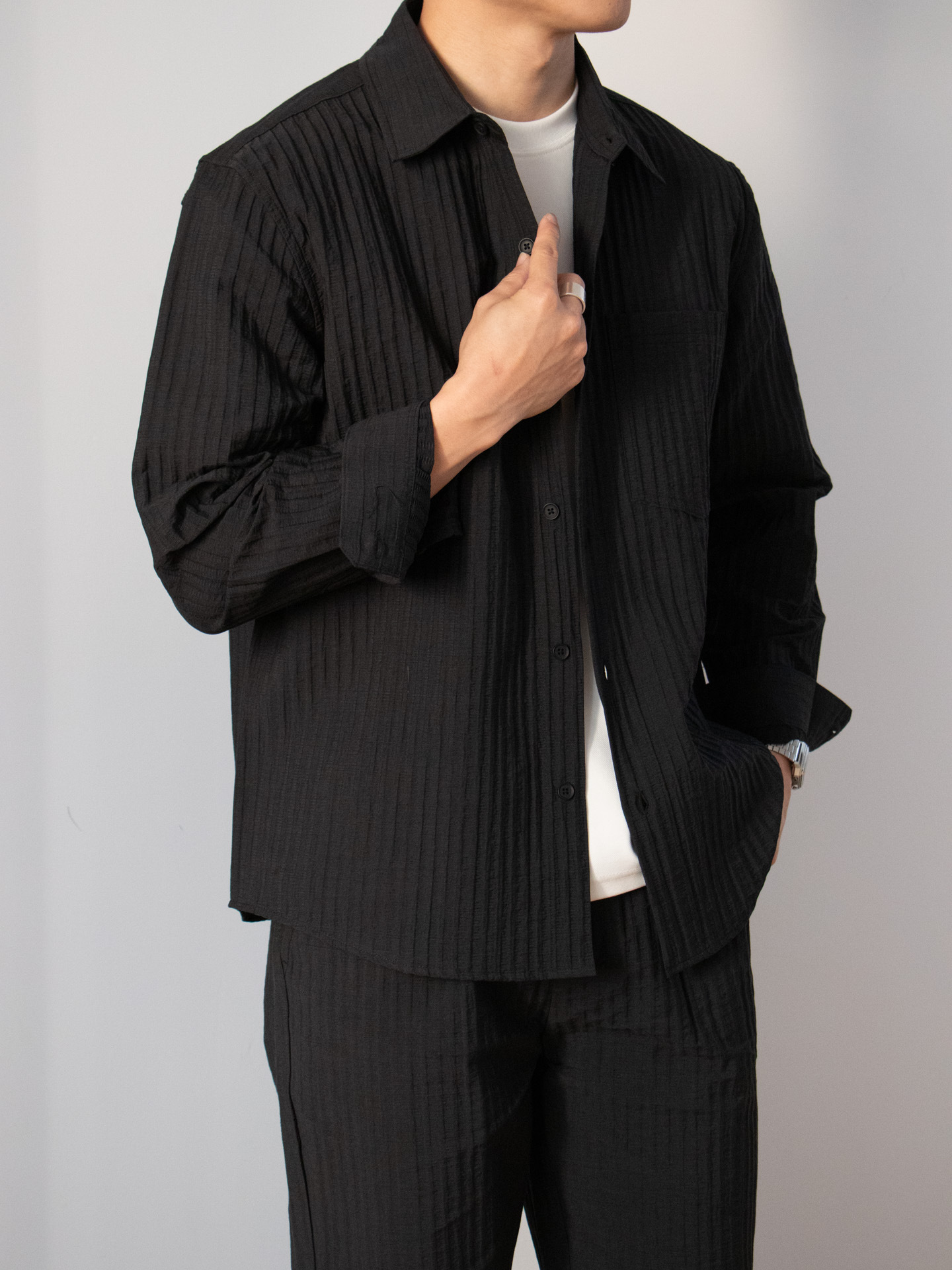 Japanese-style Wood-grain Textured Shirt Set