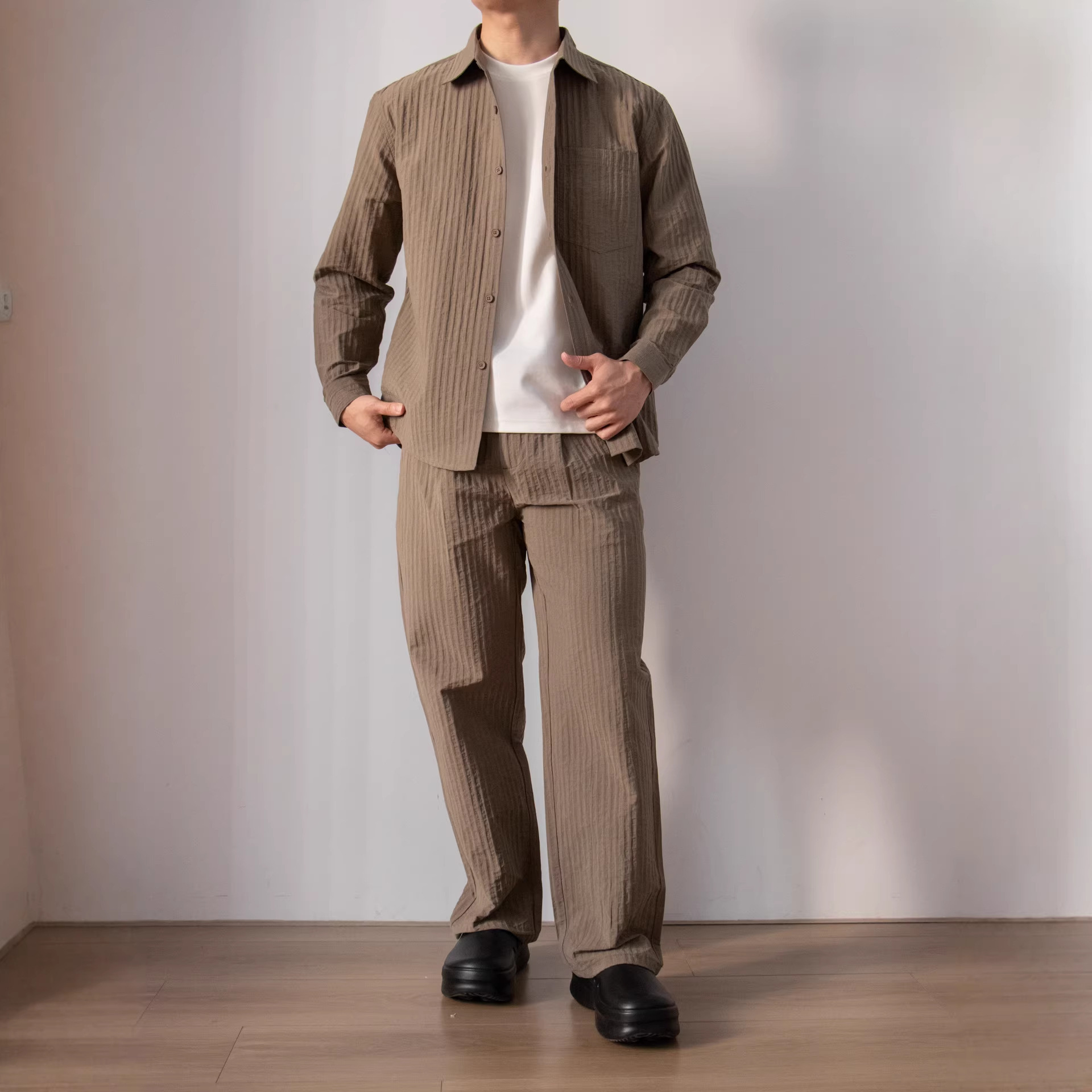 Japanese-style Wood-grain Textured Shirt Set