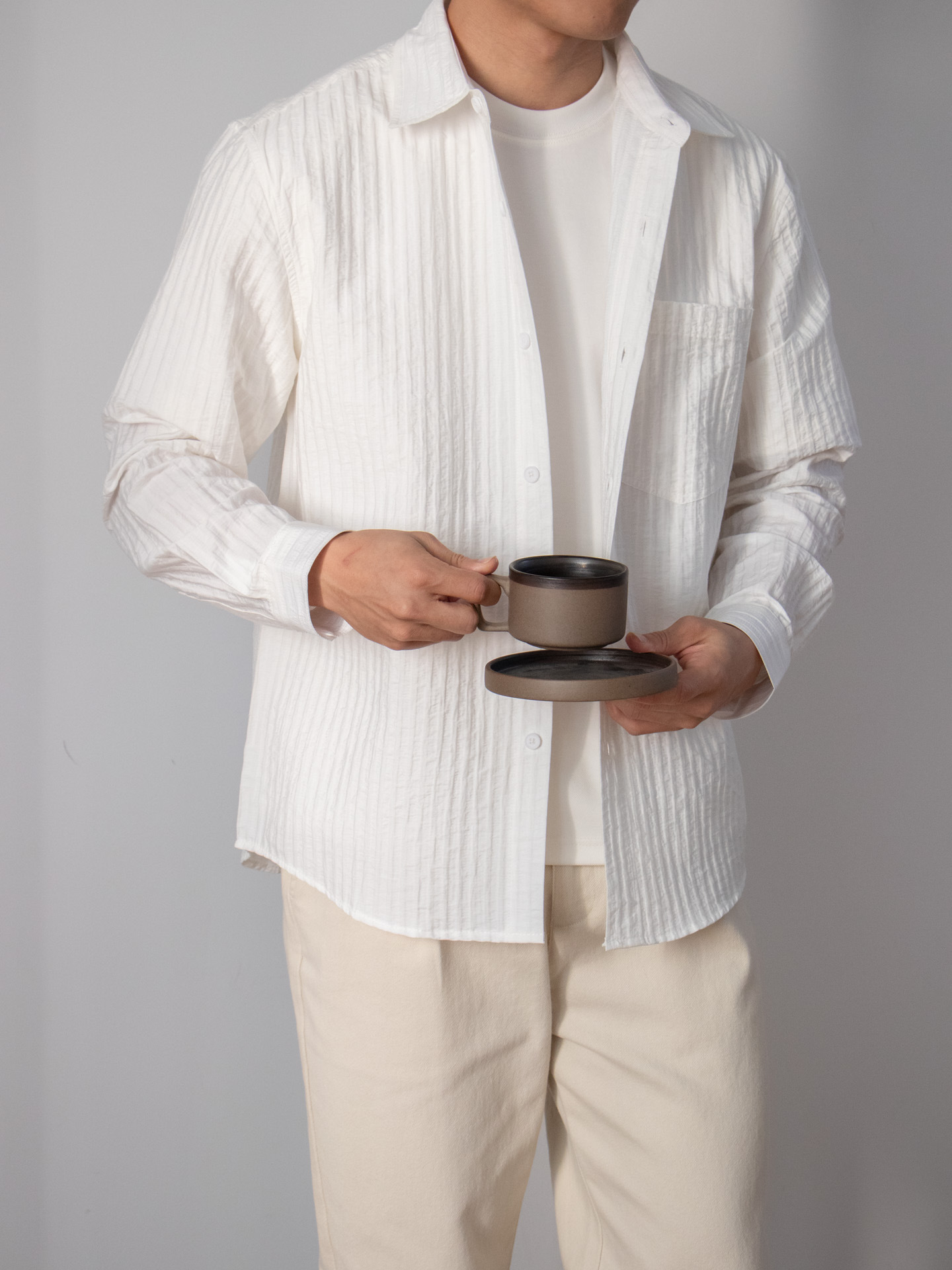 Japanese-style Wood-grain Textured Shirt Set
